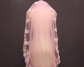 Pink Embroidered 1 Layer Short Bridal Veil, Pink Wedding Dress with Hair Comb, Lace Fingertip Veil, Pink Wedding Tulle with Blusher