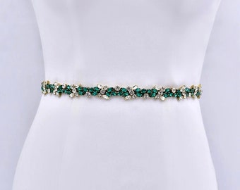 Thin Emerald Green Bridal Belt, Crystal Wedding Sash Belt, Gold Leaf Wedding Belt, Bridesmaids Belt, Bridal Shower Belt, Green Wedding Dress