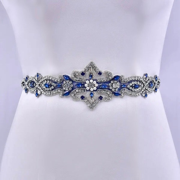 Superbe ceinture de mariée bleu marine perle, ceinture ceinture de mariage en cristal bleu, ceinture en strass perlé argent, robe de mariée bleue, accessoires de mariée