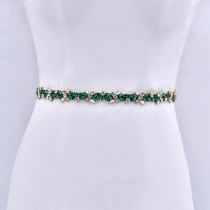 Thin Emerald Green Bridal Belt, Crystal Wedding Sash Belt, Gold Leaf Wedding Belt, Bridesmaids Belt, Bridal Shower Belt, Green Wedding Dress