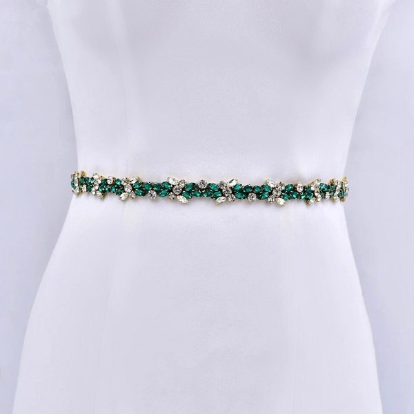 Ceinture de mariée fine vert émeraude, ceinture écharpe de mariage en cristal, ceinture de mariage en feuille d'or, ceinture de demoiselles d'honneur, ceinture de douche nuptiale, robe de mariée verte