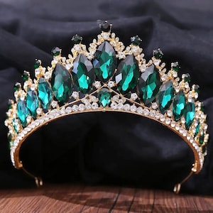 Emerald Green Gold Bridal Tiara, Baroque Crystal Wedding Crown, Quinceanera Tiara, Prom Hair Jewelry, Rhinestone Princess Birthday Headpiece