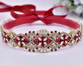 Red Crystal Bridal Belt Floral Burgundy Wedding Sash Pearl Gold Bridesmaid Belt Bridal Shower Gift Red Costume Jewelry Prom Accessory Belt