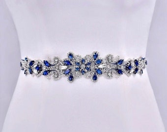 Floral Navy Blue Crystal Bridal Belt, Blue Crystal Wedding Sash, Beaded Rhinestone Belt, Blue Wedding Dress Jewelry, Blue Bridal Accessories