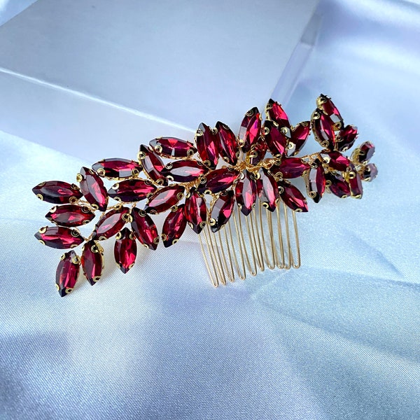 Unique Wine Red Crystal Bridal Hair Comb Burgundy Bridal Hair Piece Wedding Headpiece Flower Hair Comb Bridal Shower Gift Henna Jewelry