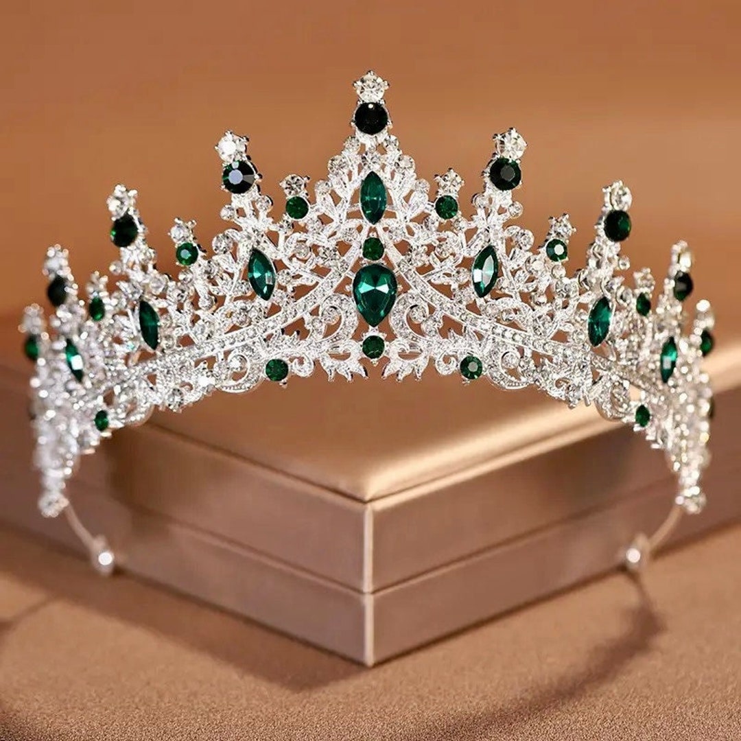 Emerald Green Tiara Crown, Luxury Bridal Headpiece Diadem, Silver
