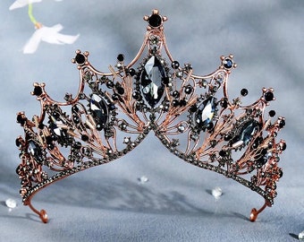 Corona de cristal negro de cobre barroco / Tiara nupcial de diamantes de imitación de boda / Postizo para novia / Tiara de quinceañera negra / Corona de fiesta de cumpleaños