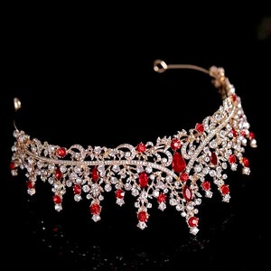 Red Crystal Wedding Tiara Baroque Gold Bridal Crown Tiara Wedding Hair Accessory Headband Luxury Rhinestone Bridal Headpiece Princess Tiara image 5