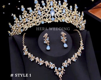 7 Colors Baroque Crystal Bridal Tiara Set Wedding Quinceanera Crown Opal Bridal Necklace and Earrings Set Gift For Brides Bridesmaid Jewelry