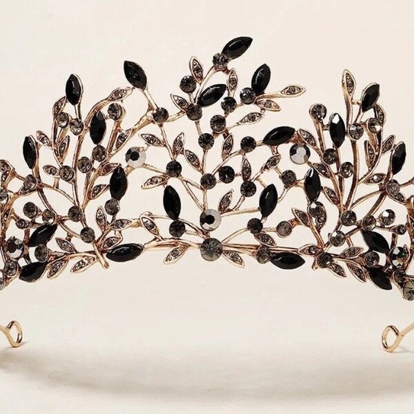 Black Leaf Crown Baroque Wedding Hair Piece Black Crystal Wedding Headpiece Gothic Queen Tiara Hair Vine For Women Black Hair Jewelry Diadem