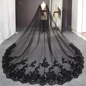 Gorgeous Black Bridal Cape, Long Wedding Cape, Floral Cathedral Veil, Glitter Shoulder Veil, Black Wedding Dress, Black Tulle Veil