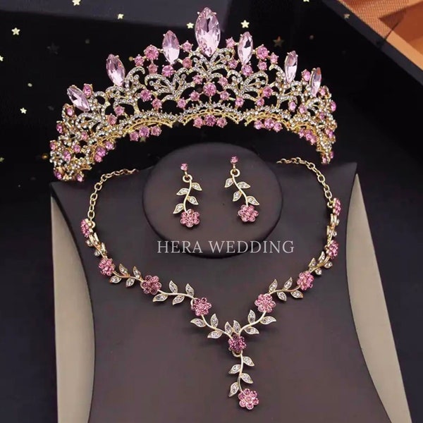 Gorgeous Pink Floral Bridal Tiara Set, Gold Wedding Necklace Earrings Set, Quinceanera Princess Crown, Bridesmaid Jewelry, Pink Jewelry Set