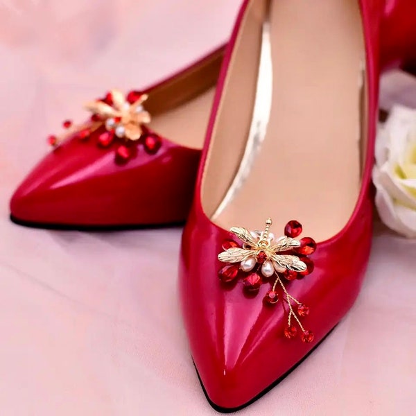 Pinces à chaussures de mariage en cristal rouge, boucle de chaussure pour femme papillon, talons pour mariage, pinces à chaussures de mariée en perles, bijoux pour chaussures de mariage, décoration de chaussures rouges