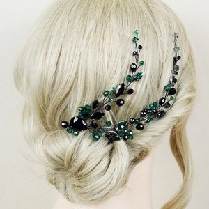 Emerald Green Hair Vine Black Crystal Floral Hair Pin Bridal Hair Vine Wedding Hair Piece Bridal Hair Pins Green Hair Comb Bridal Hair Piece