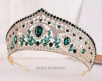 Emerald Green Crystal Crown, Baroque Bridal Tiara For Wedding, Quinceanera Crown Headpiece, Green Bridesmaids Tiara, Emerald Hair Jewelry