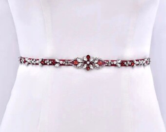 Unique Thin Red Bridal Belt | Pearl Crystal Wedding Sash Belt | Red Wedding Dress Belt | Silver Bridal Sash Belt | Wedding Jewelry For Women