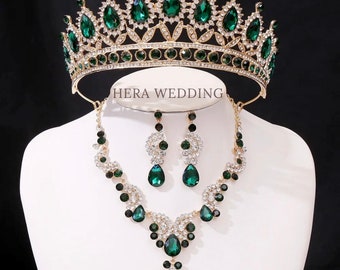 Baroque Emerald Green Crystal Tiara Set, Gold Bridal Necklace Earrings Set, Wedding Headpiece Crown, Quinceanera Tiara, Prom Jewelry Set