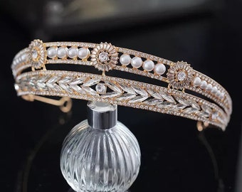 Diadème de mariage en cristal doré, couronne de mariée en perles, bandeau de mariage 2 couches, diadème de princesse, diadème d'anniversaire, morceau de cheveux de mariée en argent, diadème de perles