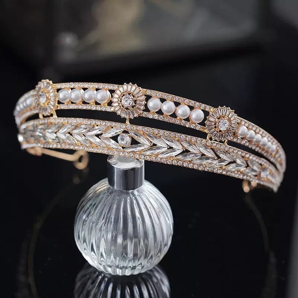 Diadème de mariage en cristal doré, couronne de mariée en perles, bandeau de mariage 2 couches, diadème de princesse, diadème d'anniversaire, morceau de cheveux de mariée en argent, diadème de perles