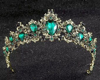 Tiara verde esmeralda, tiara de boda de bronce, corona de princesa azul rojo barroco, tocado nupcial, tiara de cumpleaños, corona gótica de cristal de pedrería