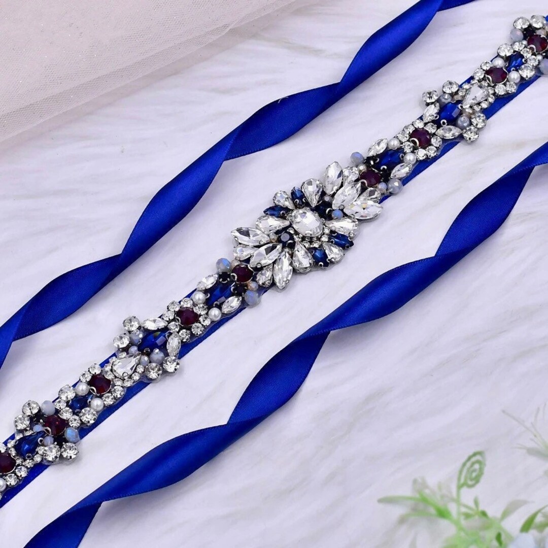 Navy Blue Bridal Belt Crystal Wedding Sash Pearl Etsy