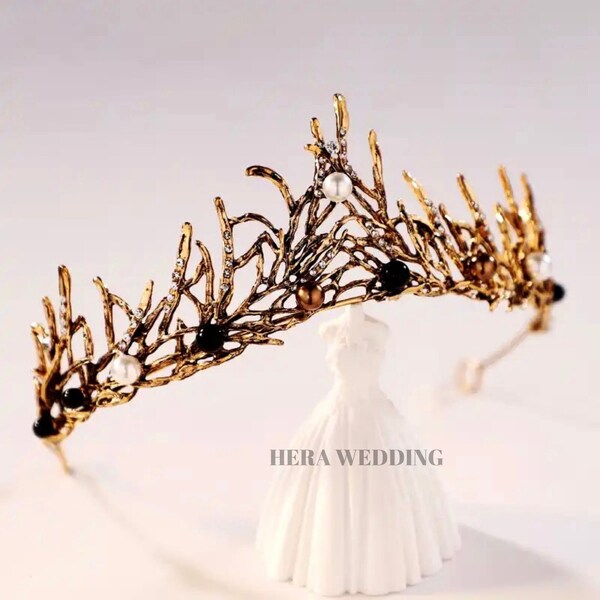 Unique Gold Branches Bridal Crown, Pearl Gothic Wedding Crown Tiara, Floral Headband, Wedding Hair Accessories, Gold Pageant Prom Hair Piece