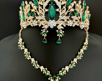 Emerald Green Crystal Tiara Set, Baroque Gold Leaf Necklace Earrings Set, Wedding Headpiece Crown, Prom Jewelry Set, Green Quinceanera Crown