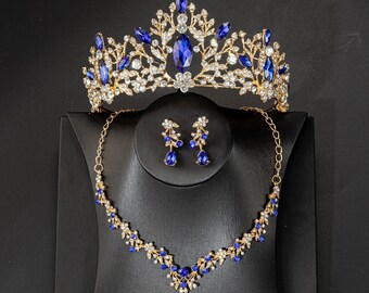 Gorgeous Baroque Blue Bridal Tiara Set, Crystal Royal Blue Gold Tiara, Waterdrop Necklace and Earrings Set, Blue Prom Jewelry, Wedding Crown