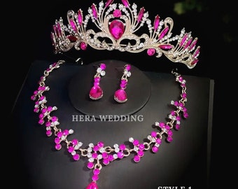 Fuschia Pink Crystal Bridal Tiara Set, Baroque Hot Pink Quinceanera Crown, Wedding Necklace Earrings Set, Wedding Headpiece, Prom Jewelry