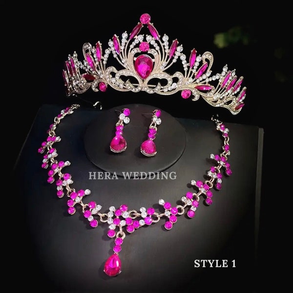 Parure de diadème de mariée en cristal rose fuschia, couronne baroque de quinceanera rose vif, parure de collier de mariage, boucles d'oreilles, casque de mariage, bijoux de bal de promo