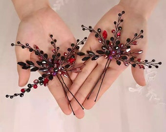 Black Burgundy Bridal Hair Pins, Crystal Wedding Hair Pins with Earrings, Hair Jewelry Women, Bridal Headpiece, Bridesmaid Flower Hair Pins