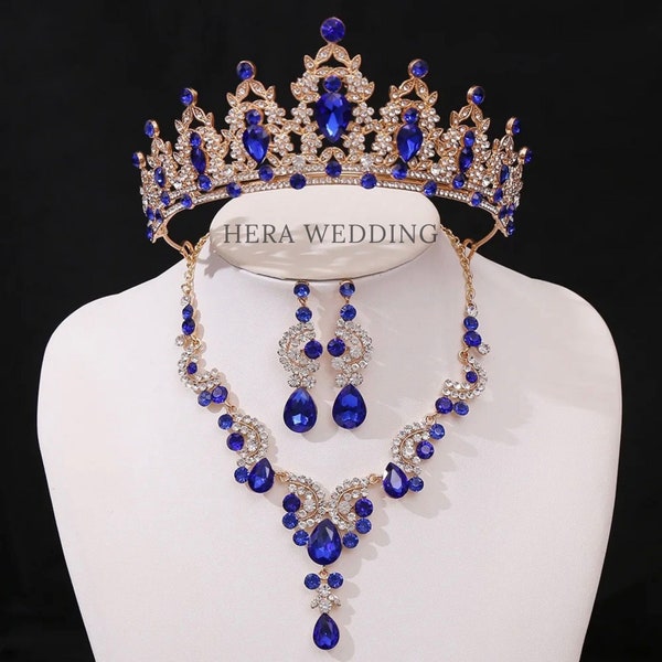 Blue Gold Baroque Bridal Tiara Set, Crystal Wedding Necklace Earrings Set, Blue Bridesmaid Jewelry, Quinceanera Crown, Blue Prom Jewelry Set