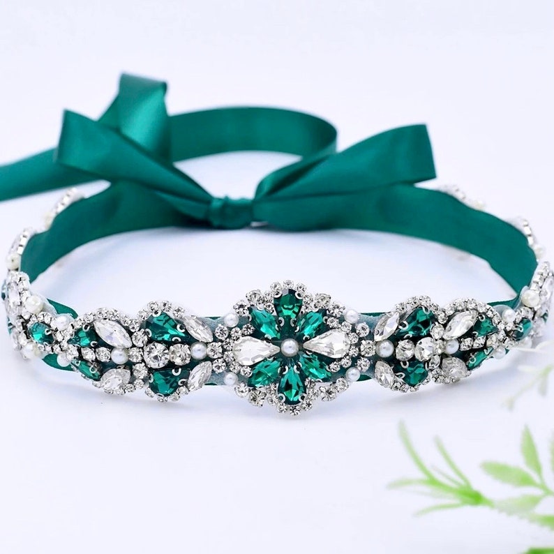 Ceinture nuptiale en cristal vert perle florale ceinture de mariage Ceinture en strass vert foncé, cadeau de fête de demoiselle d'honneur, accessoire de douche nuptiale de mariage rustique image 2