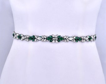 Thin Floral Emerald Green Crystal Bridal Belt, Green Wedding Sash Belt, Green Wedding Dress Jewelry, Bridal Shower Gift, Green Prom Jewelry