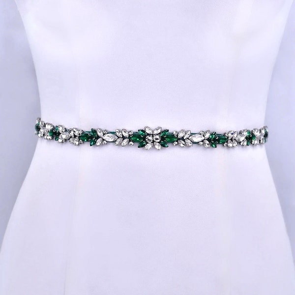 Thin Floral Emerald Green Crystal Bridal Belt, Green Wedding Sash Belt, Green Wedding Dress Jewelry, Bridal Shower Gift, Green Prom Jewelry