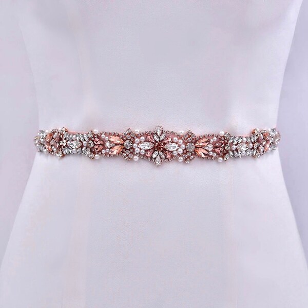 Gorgeous Rose Gold Bridal Belt, Pearl Beaded Crystal Wedding Sash, Bridesmaids Jewelry, Gift For Her, Prom Jewelry, Rose Wedding Dress Belt