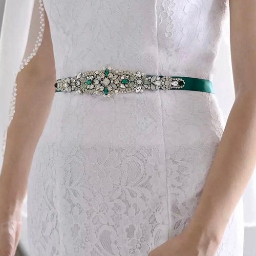 Green Wedding Belt Emerald Green Gold Wedding Sash Belt Wedding Gown Green  Sash Belt