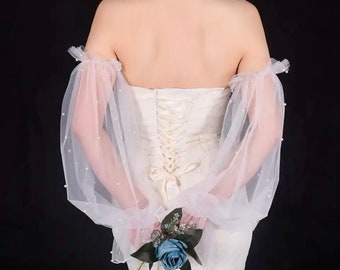 Manches de mariée en tulle long perle, bretelles de mariage à manchette détachables, gants de mariée sans doigts, gant de fête de mariage en perles, manches épaules dénudées