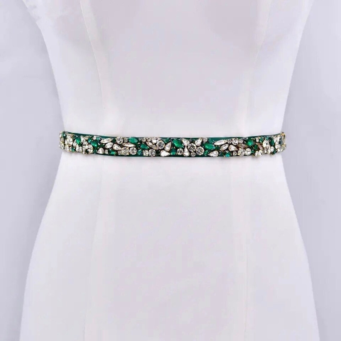 Thin Emerald Green Bridal Belt Crystal Wedding Sash Belt Etsy