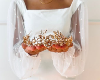 Gold Leaf Bridal Tiara Headband, Wedding Hair Crown Women Accessories,Floral Bridal Headpiece Bride to Be, Bridal Headband, Gift for Her