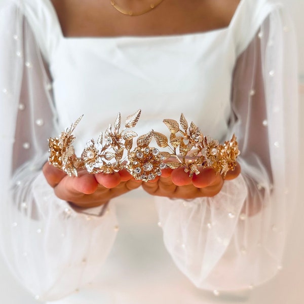 Diadema de tiara nupcial de hoja de oro, accesorios de mujer de corona de pelo de boda, novia de tocado de novia floral para ser, diadema de novia, regalo para ella