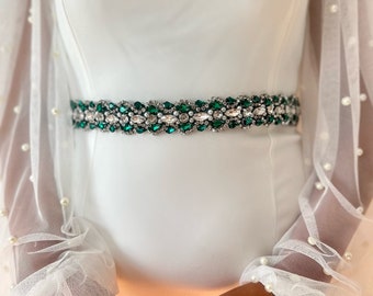 Emerald Green Bridal Sash Belt, Wedding Belt, Dark Green Bridesmaid Belt, Green Rhinestone Belt, Gift For Bride, Bridesmaid Bridal Shower