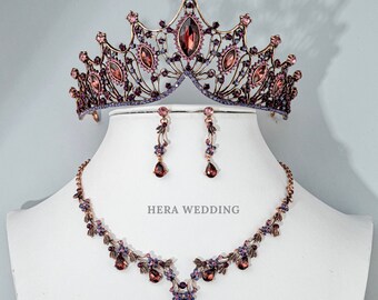 Gorgeous Rose Gold Purple Bridal Tiara Set Retro Black Crystal Wedding Crown Bridal Necklace Earrings Set Quinceanera Crown Pageant Jewelry