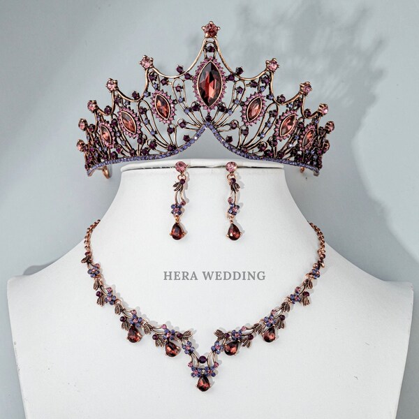 Wunderschöne Rose Gold Lila Braut Tiara Set Retro Schwarz Kristall Hochzeit Krone Braut Halskette Ohrringe Set Quinceanera Krone Festzug Schmuck