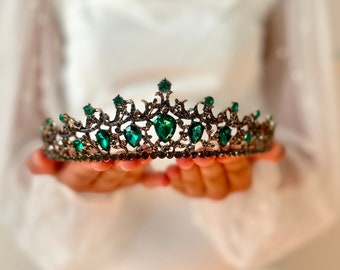 Tiara barroca verde esmeralda y corona de cristal Retro tocado de boda mujeres verde Rhinestone flor niña Tiara desfile nupcial postizo