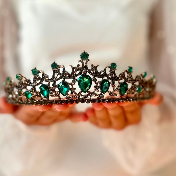 Barock Smaragd Grün Tiara und Krone Kristall Retro Hochzeit Kopfschmuck Frauen Grün Strass Blumenmädchen Tiara Festzug Braut Haarschmuck