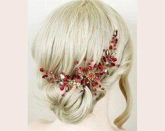 Red Bridal Hair Vine, Gold Leaf Crystal Hair Vine, Burgundy Bridal Hair Piece, Red Wedding Hair Jewelry, Floral Headpiece For Women