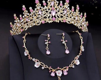 Pink Crystal Bridal Tiara Set, Baroque Gold Quinceanera Crown, Floral Necklace and Earrings Set, Pink Prom Jewelry, Wedding Headpiece