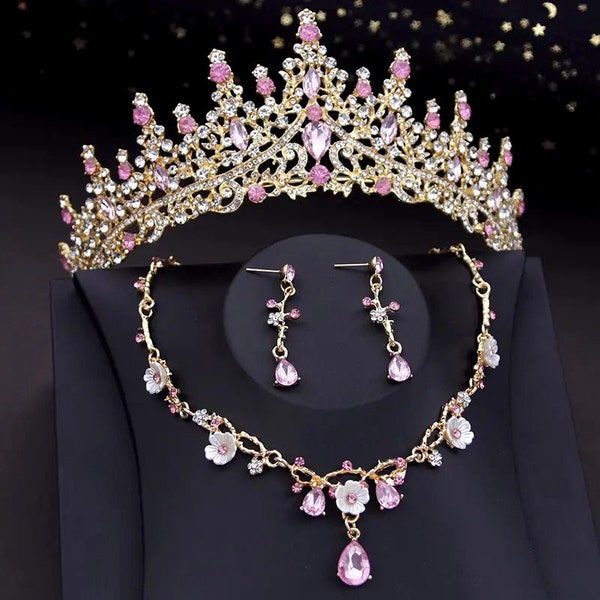 Pink Crystal Bridal Tiara Set, Baroque Gold Quinceanera Crown, Floral Necklace and Earrings Set, Pink Prom Jewelry, Wedding Headpiece