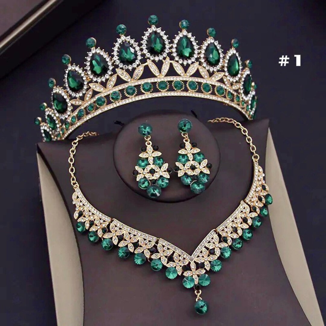 Emerald Bridal Jewelry Set Green Crystal Bridal Tiara Etsy